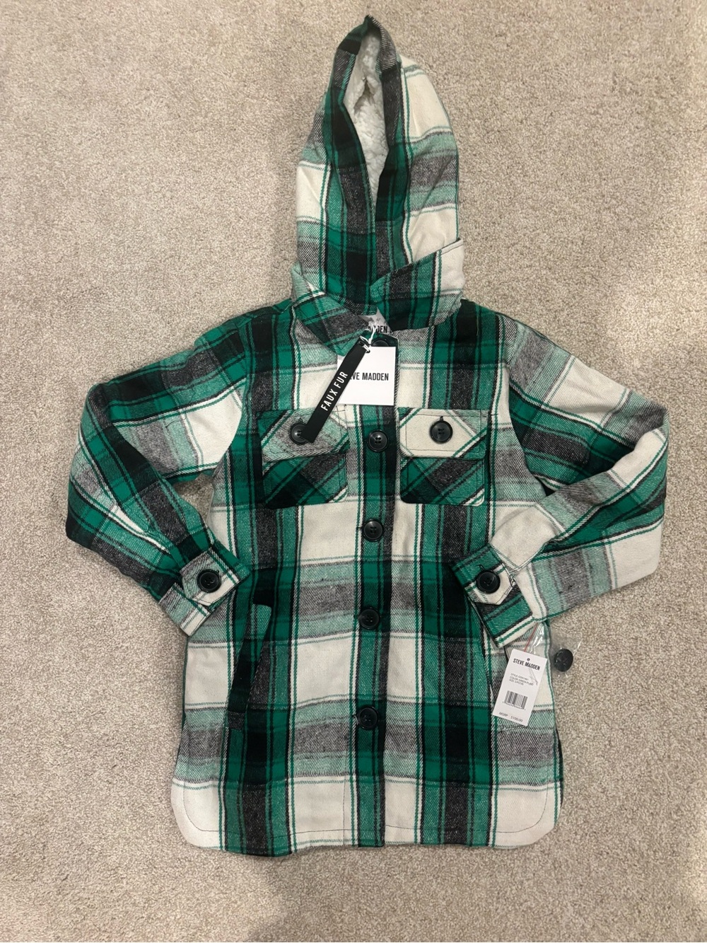 NWT Steve Madden Green and White Plaid Hooded Shirt Jacket - Kids